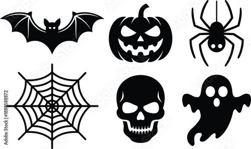 Spooky Halloween themed icons including a bat pumpkin spider web skull and friendly ghost set on white