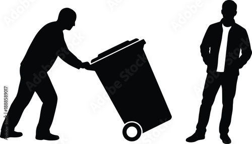 Black silhouette men with trash bin depicting waste management, recycling concept, sanitation worker and urban lifestyle characters isolated on white background vector illustration