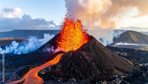 Volcanic eruption with lava flowing down the side of the mountain into the surrounding landscape creating a dramatic scene