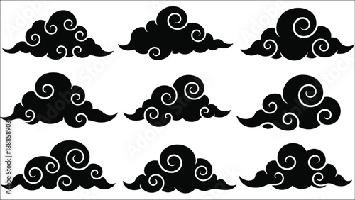 Nine stylized black clouds arranged in a grid pattern on white background