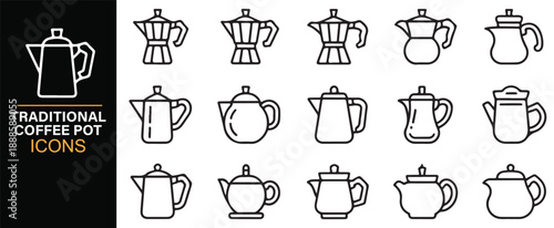 Cultural coffee and tea pot outline symbol set