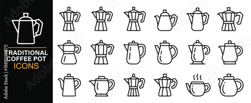 Traditional metal coffee pot line icon collection