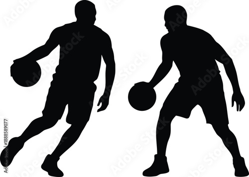 Striking black silhouettes of two basketball players executing essential dribbling techniques with focus