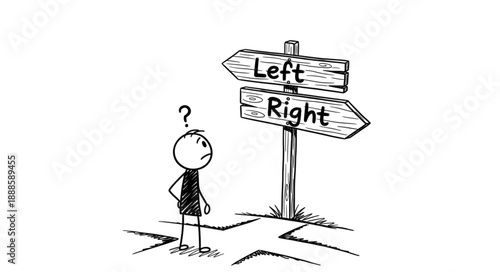 Stick figure confused at a crossroads sign pointing left and right.