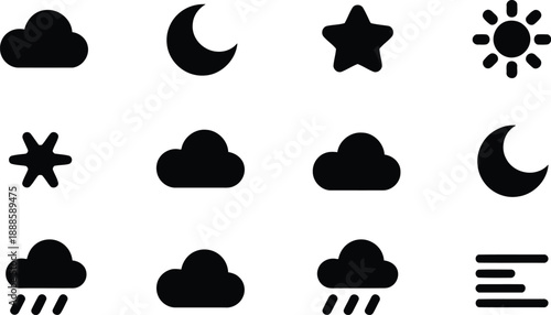 Twelve black weather forecast symbols indicating different atmospheric conditions against a simple white backdrop