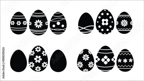 A collection of monochrome easter eggs with various decorative patterns