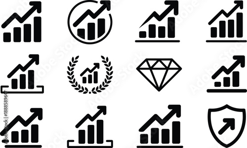 Twelve vector icons representing financial market growth, business success, and data performance indicators