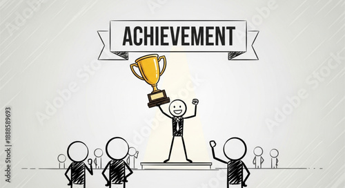 Stick figure celebrating winning a trophy on a podium with audience cheering.