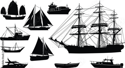 Black silhouette ship and boat collection featuring sailing ships, fishing vessels, yachts and cargo boats isolated on white background vector illustration design