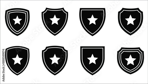 Eight black shields each containing a white five pointed star icon