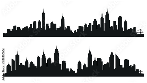 Black silhouette of a sprawling city skyline with notable buildings