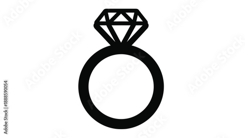 A black and white illustration of a diamond engagement ring on a white background