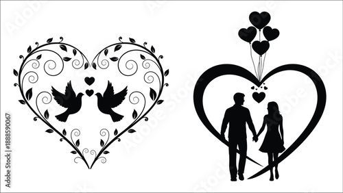 Black and white illustration of hearts birds and a couple walking
