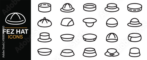 Fez hat outline icon set with traditional cultural headwear