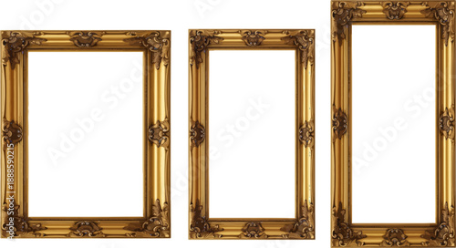 Pack of Three Ornate Golden Baroque Picture Frames on White Background