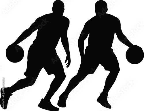 Two powerful basketball player silhouettes dynamically dribbling a ball during a challenging athletic practice session