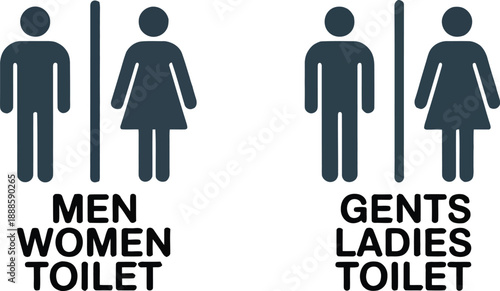 Two simple restroom signs featuring male and female icons with different language options for identification