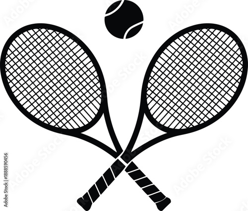 Two tennis rackets crossed with a tennis ball floating above them on a clean white background