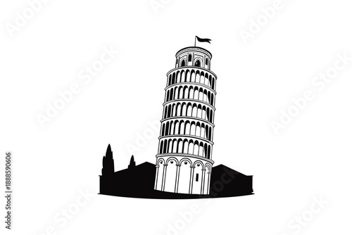 Pisa leaning tower silhouette isolated on white background, famous italian landmark icon