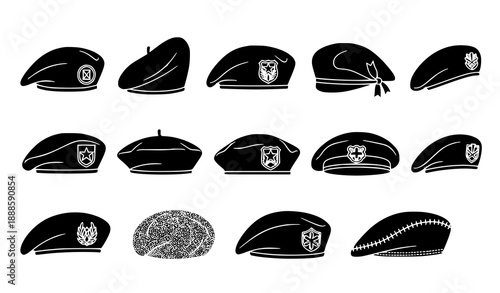 Minimalist black military berets vector icons isolated army cap set