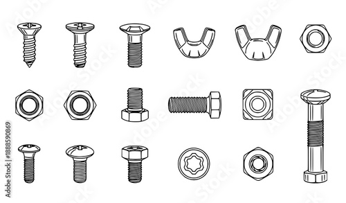 Technical metal fasteners vector icons outline set with screws, bolts, and nuts