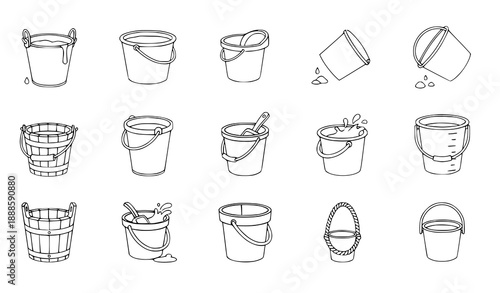 Flat vector bucket and water icons isolated set for web and app illustrations