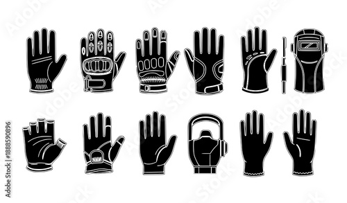 Vector black gloves icon set isolated gauntlet, work, and protective handwear