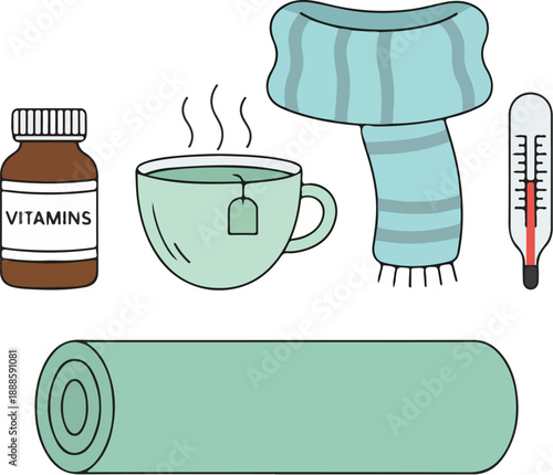  Minimal winter flat illustration of health and wellness elements including vitamins, herbal tea, scarf, thermometer, yoga mat, clean flat vector style, modern minimal look, soft winter colors.