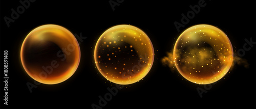 Orange magic fantasy spheres set. Crystal ball with glowing sparkles and particles. Energy orb with glow flare light effect. Isolated on transparent background. Vector illustration.