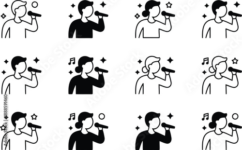 Various male and female singer icons featuring outlines and solid fills with musical notes on white
