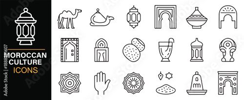 Moroccan culture outline icons set with traditional symbols
