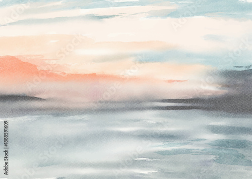 Dreamy abstract watercolor landscape with soft layered washes in blue, beige, and peach tones, evoking calm atmosphere, depth, and gentle movement. vector
