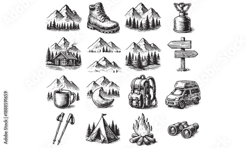 Outdoor Adventure Icon Set: Camping, Hiking, Mountain, Tent, Backpack – Vector Illustration