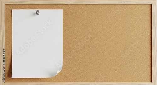 Blank white paper pinned to a cork board with a wooden frame ready for your message or reminder.