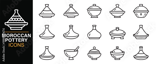 Moroccan heritage pottery outline icon set with cookware forms
