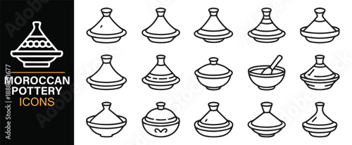 African pottery and tagine line icons for cuisine themes