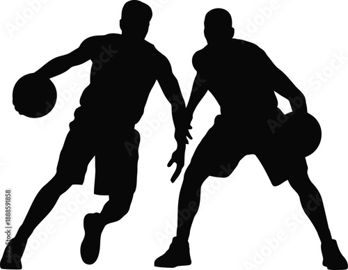Vivid black silhouettes of two powerful male basketball players executing strong dribbling techniques