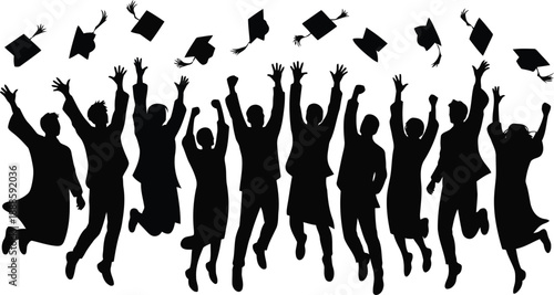 Young jubilant graduates joyously leap into the air, celebrating their significant academic accomplishment