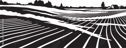 Black and white illustration of a rural landscape scene