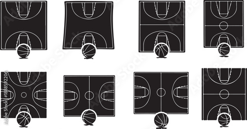 Various Basketball Court Layouts with Balls in Different Positions