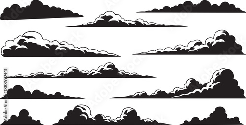 Collection of various cloud silhouettes in black and white