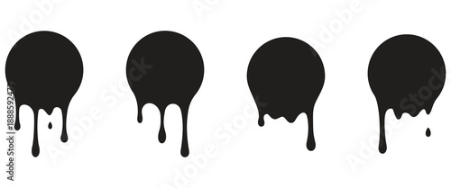 Set of four distinct black liquid paint drips and melting circular ink blob graphic elements