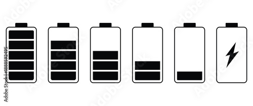 Simple black and white icons illustrating various levels of battery charge and power status