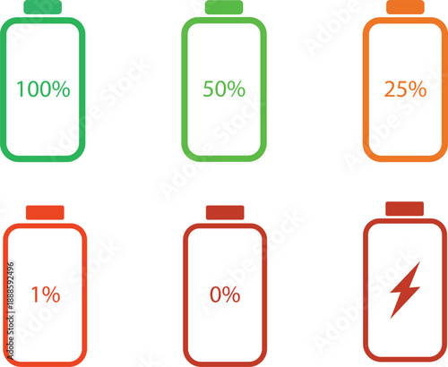 Set of six stylized battery icons illustrating various power levels and charging status clearly