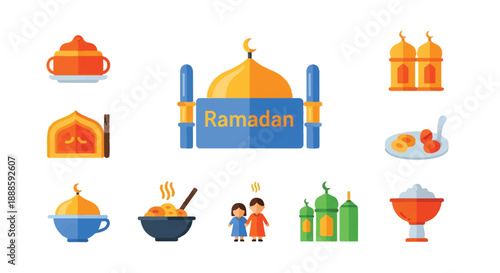 Ramadan themed elements representing traditional food and mosque architecture for the islamic holy month celebration, conveying a festive and cultural atmosphere.