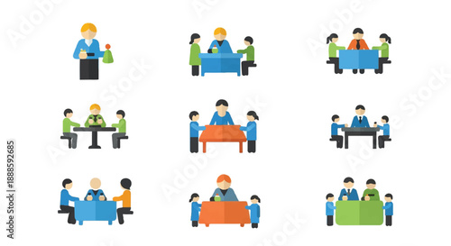 Business team having a meeting around a table in an office, discussing project strategy with colleagues, creating a collaborative and productive atmosphere.