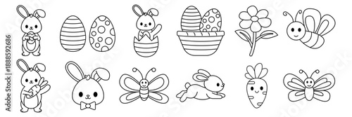 Cute Easter Bunny and Spring Icons Coloring Page Line Art Set