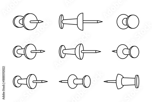 Push Pin Different Views Line Outline Vector Set Isolated