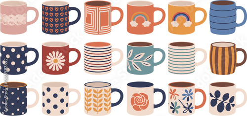 Colorful Coffee Mug and Tea Cup Vector Set  Patterned Drinkware Collection