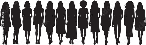 Silhouettes of women in business attire walking together confidently